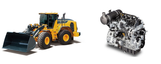 해외 시장의 환경 규제가 강화되면서 중장비업체들이 친환경 시장 선점에 나서고 있다. 사진은 현대건설기계의 친환경 전략모델 A시리즈 HL970A(왼쪽)와 두산인프라코어의 소형 디젤 및 LPG용 G2엔진(오른쪽). <각 사 제공>